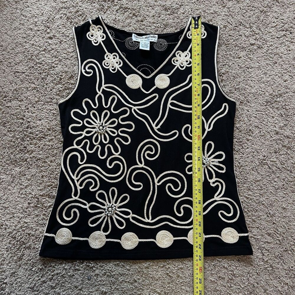 Vintage Lauren Michelle Beaded Floral Knit Sweater Vest Womens M Black Sequined - Picture 13 of 14